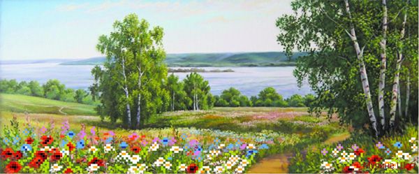 Ткань с рисунком "Пейзаж с цветами"