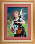 Ткань с рисунком "Девушка и голуби"