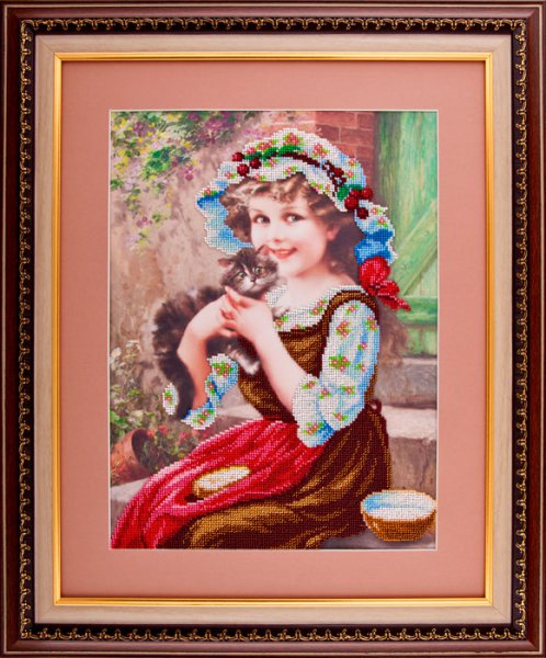 Ткань с рисунком "Девочка с котенком"