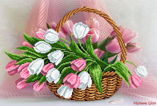 Ткань с рисунком "Тюльпаны в корзине"
