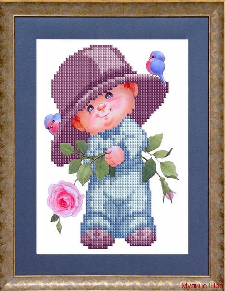 Ткань с рисунком "Малыш с цветами"