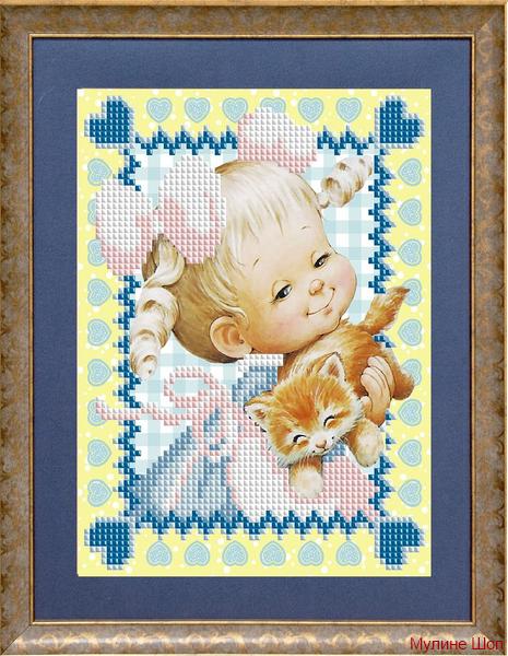 Ткань с рисунком "Малышка с котиком"