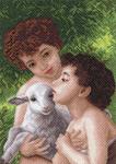 Канва с рисунком "Дети и овечка"