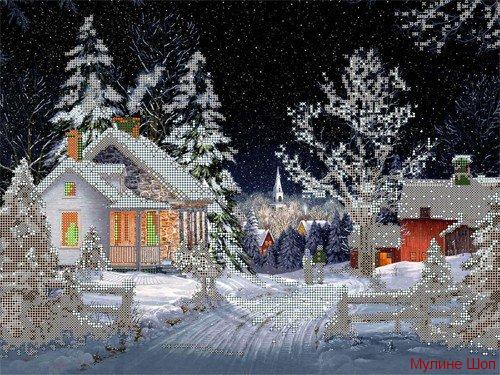 Ткань с рисунком "Зима в деревне"