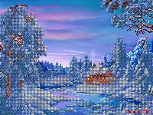 Ткань с рисунком "Зимний домик"
