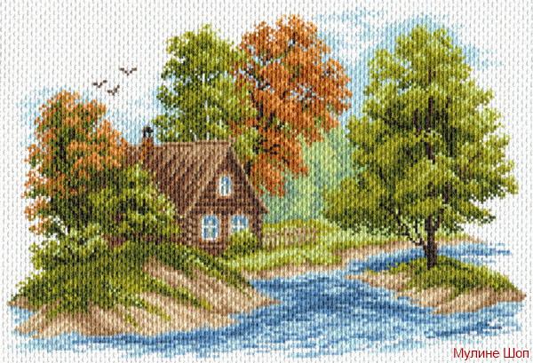 Канва с рисунком "Пейзаж с домиком"