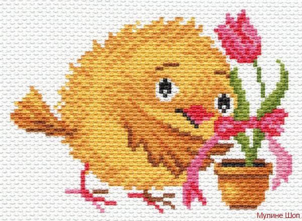 Канва с рисунком "Цыпленок с тюльпаном"