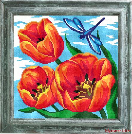 Канва с рисунком "Красные тюльпаны"