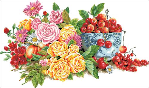 Канва с рисунком "Букет цветов и черешенки в вазе"