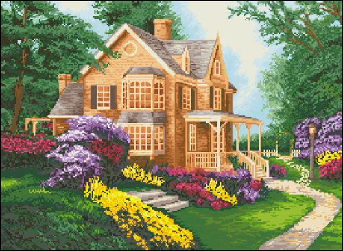 Канва с рисунком "Дом в цветущем саду"