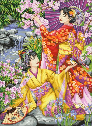 Канва с рисунком "Японки в саду"