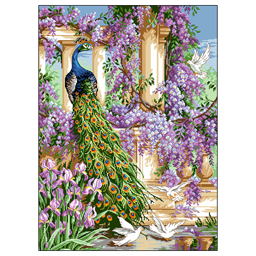 Канва с рисунком "Павлин в цветах"