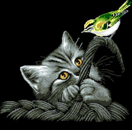 Канва с рисунком "Котенок с птичкой "