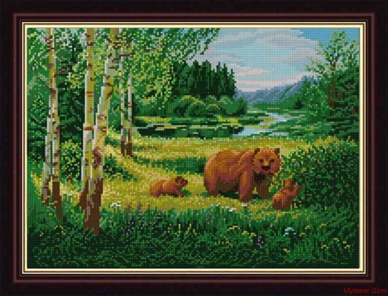 Ткань с рисунком "Пейзаж с медведями"