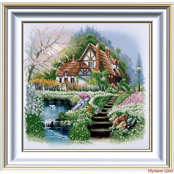 Ткань с рисунком "Дом у озера"