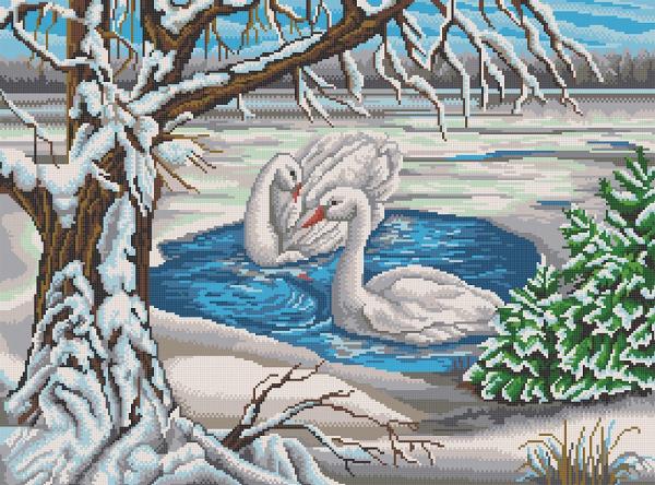 Канва с рисунком "Лебеди на пруду"