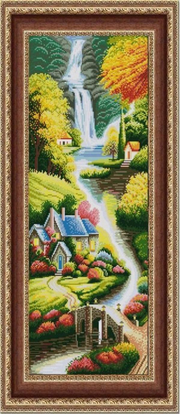 Ткань с рисунком "Поселок у реки"