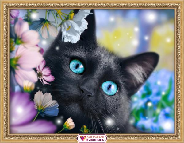 Алмазная мозаика "Черный кот в цветах"
